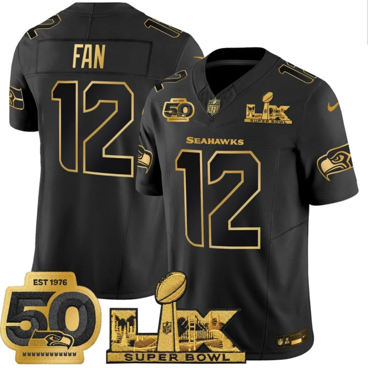 Seattle Seahawks Super Bowl LX 50th Patch Gold Stitched Jersey