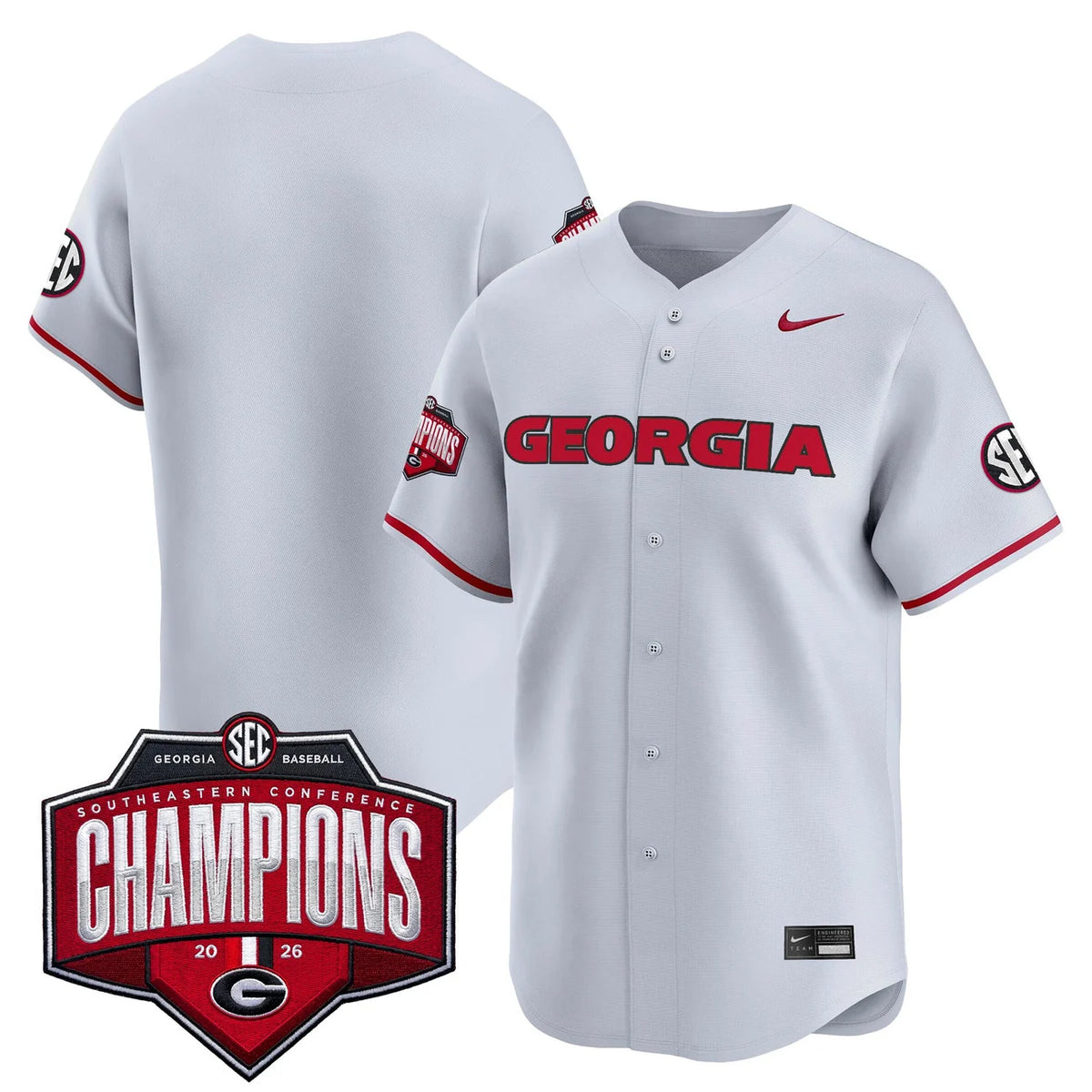 Georgia Bulldogs Baseball Southeastern Confernce Champions 2026 Vapor Premier Limited Jersey - All Stitched - Gray