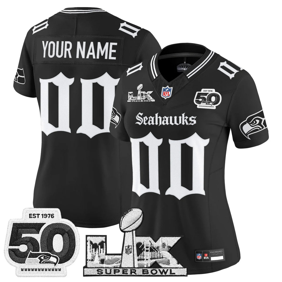 Seattle Seahawks "Super Bowl LX & 50th Patch" Vapor Limited Custom Jersey - Gothic Edition - All Stitched