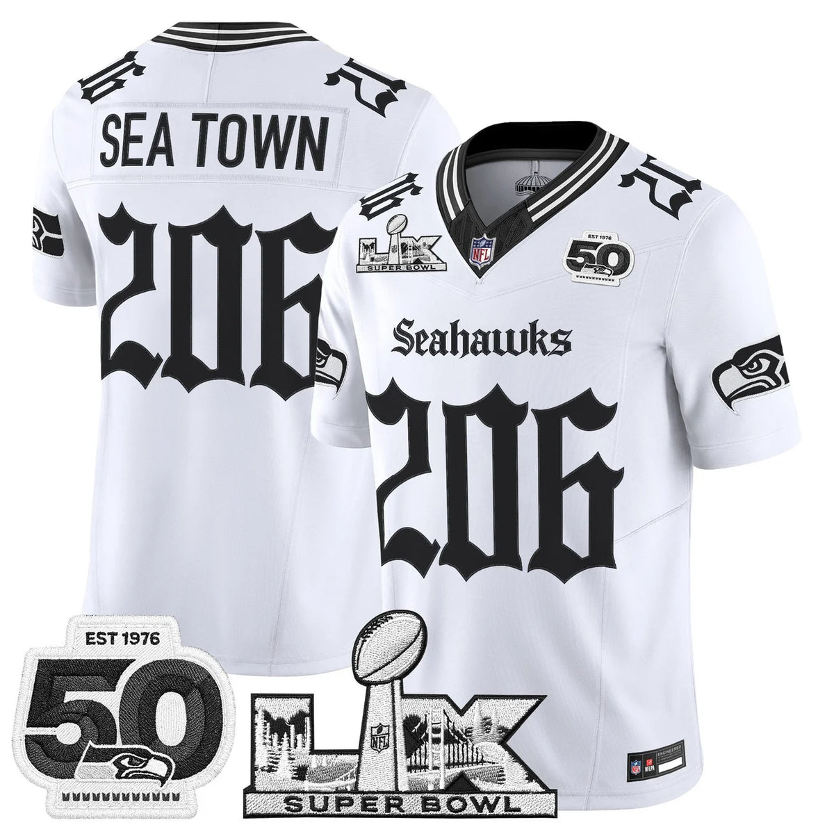 Men's Seattle Seahawks "Super Bowl LX & 50th Patch" Vapor Limited Jersey - Gothic Edition - All Stitched