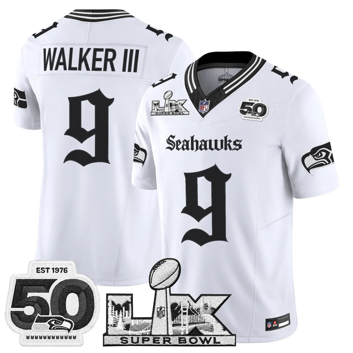 Men's Seattle Seahawks "Super Bowl LX & 50th Patch" Vapor Limited Jersey - Gothic Edition - All Stitched