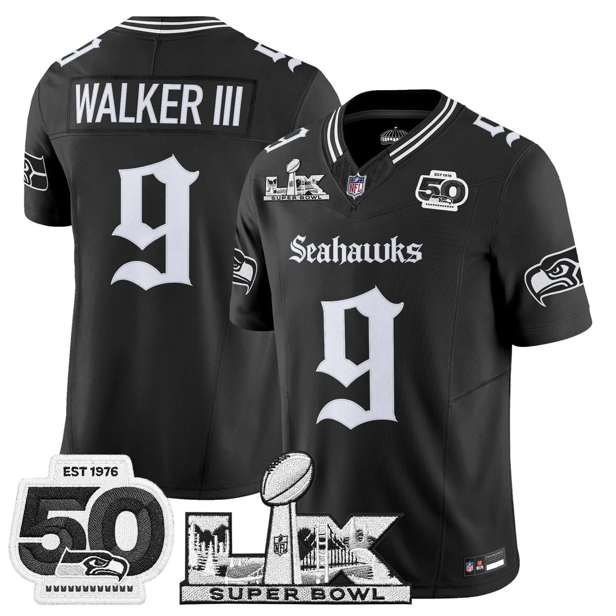 Men's Seattle Seahawks "Super Bowl LX & 50th Patch" Vapor Limited Jersey - Gothic Edition - All Stitched