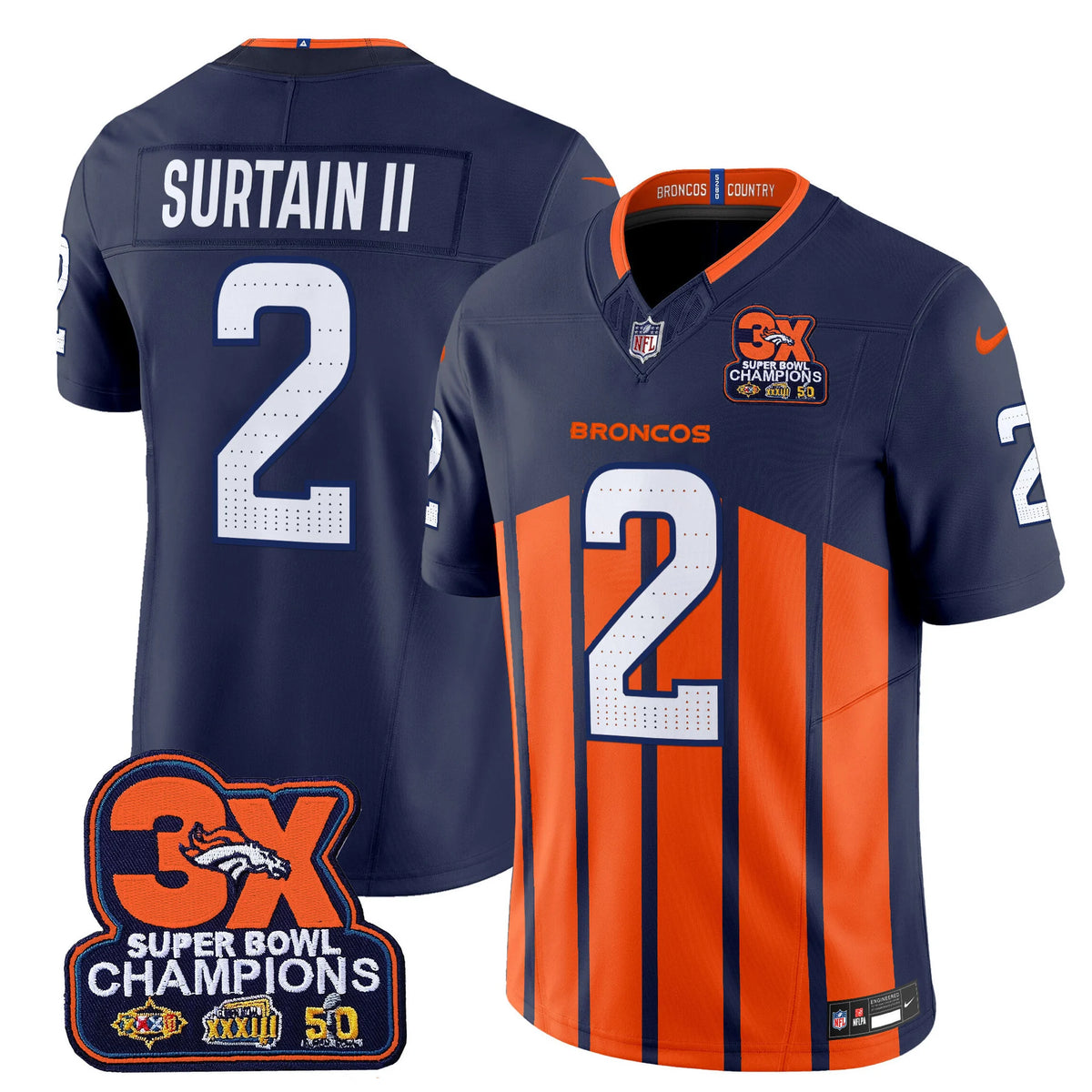 Men's Denver Broncos 3-Time Champions Patch Vapor Limited Jersey V2 - All Stitched
