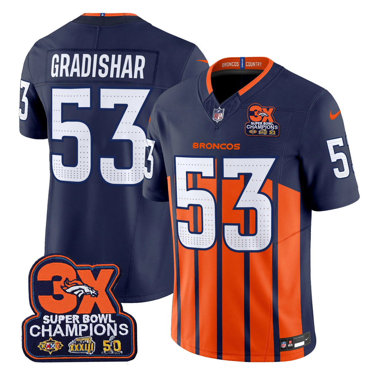 Men's Denver Broncos 3-Time Champions Patch Vapor Limited Jersey V2 - All Stitched
