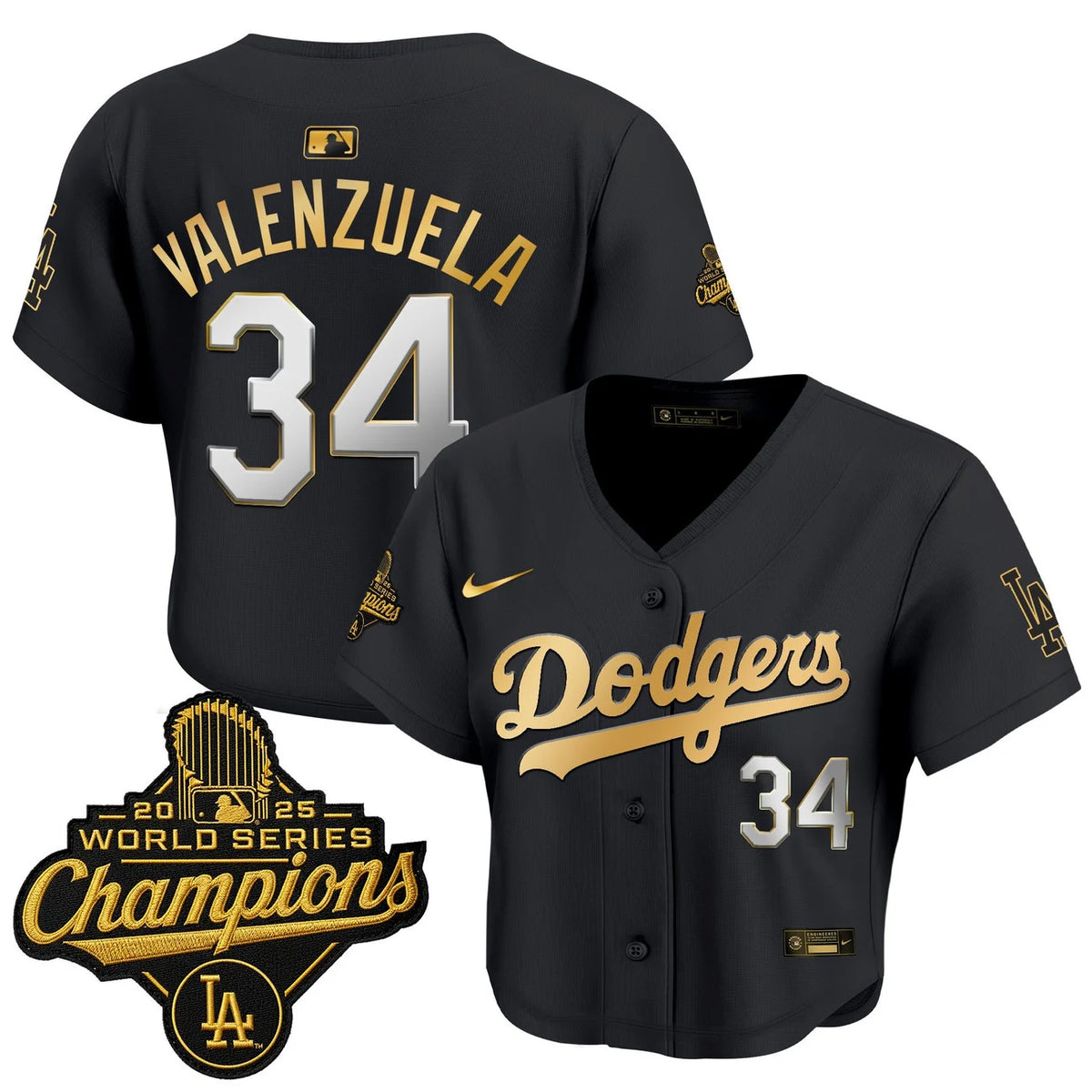 Women's Dodgers Valenzuela #34 black and gold World Series crop top jersey