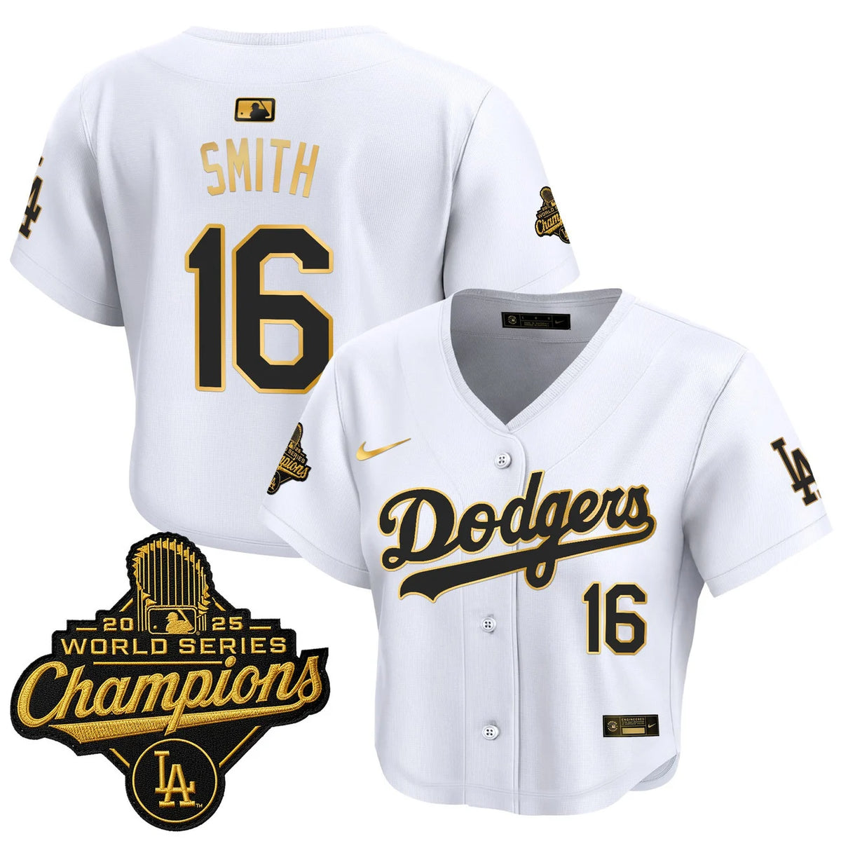 Women's Dodgers Smith #16 white and gold World Series crop top jersey