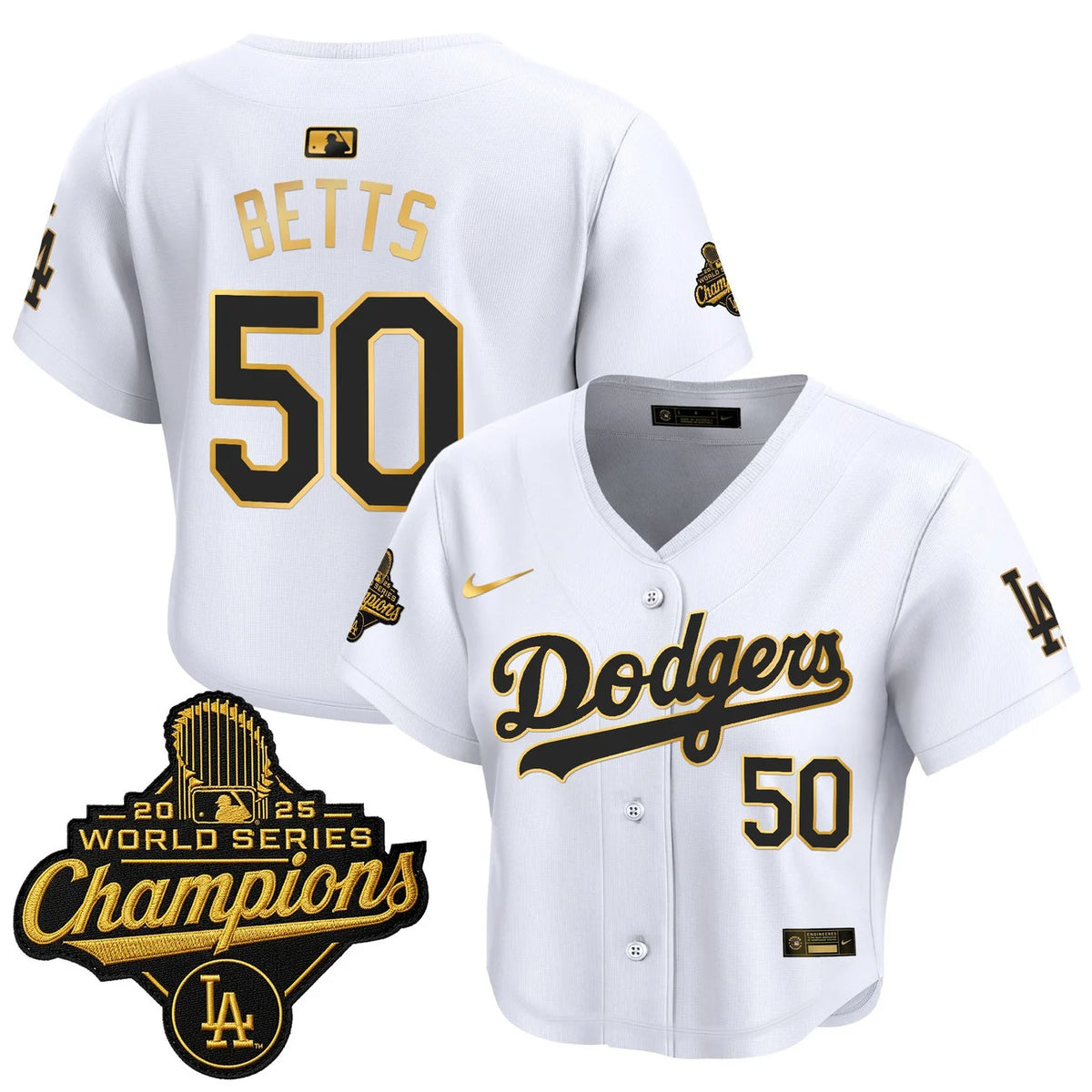 Women's Dodgers Betts #50 white and gold World Series crop top jersey