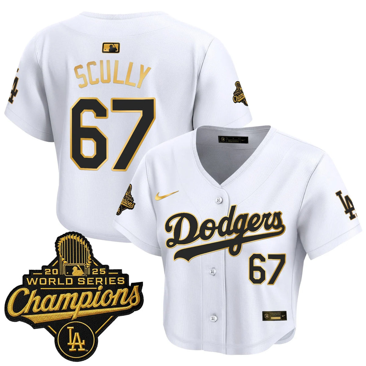 Women's Dodgers Scully #67 white and gold World Series crop top jersey