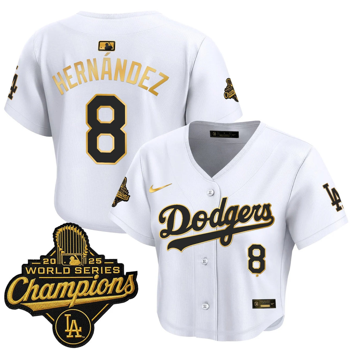 Women's Dodgers Hernandez #8 white and gold World Series crop top jersey