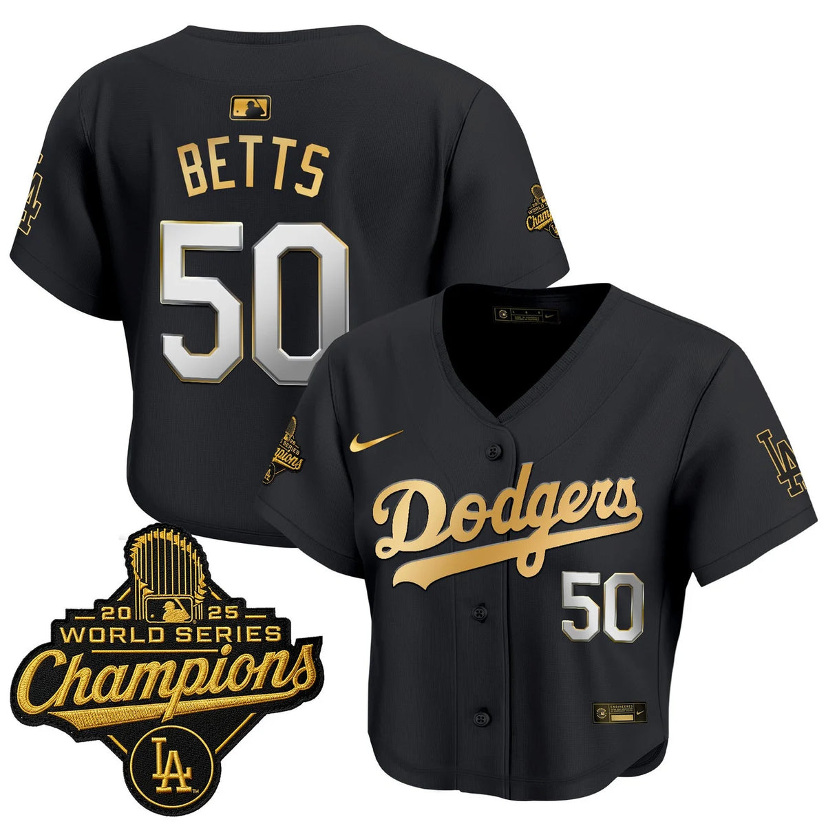 Women's Dodgers Betts #50 black and gold World Series crop top jersey