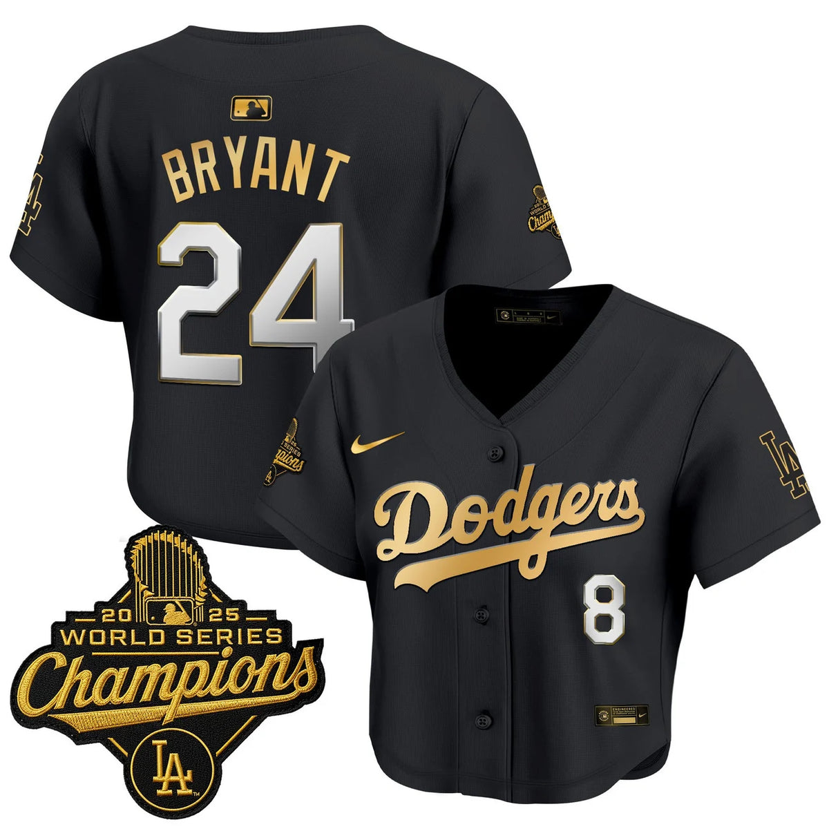 Women's Dodgers Bryant #24 black and gold World Series crop top jersey