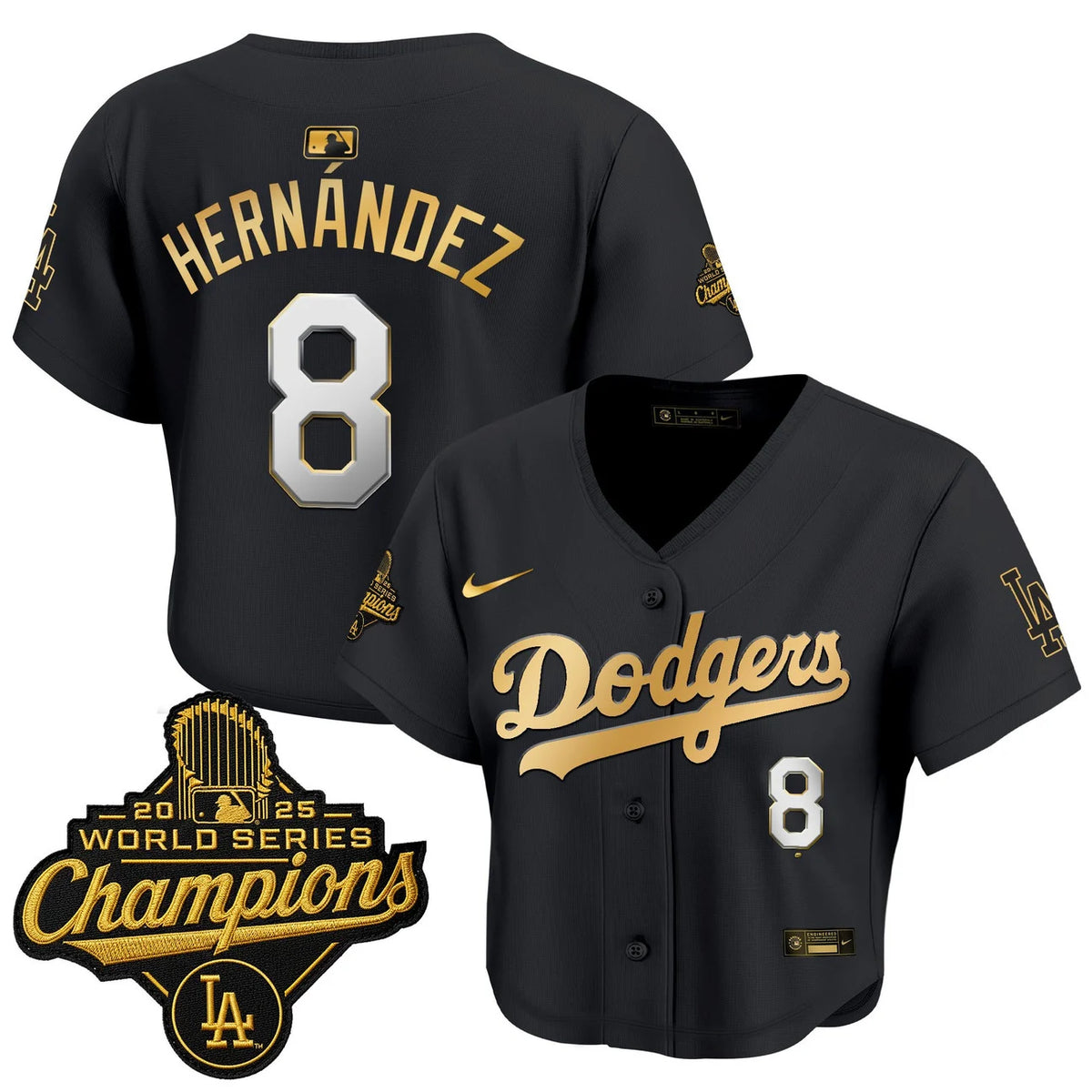 Women's Dodgers Hernandez #8 black and gold World Series crop top jersey