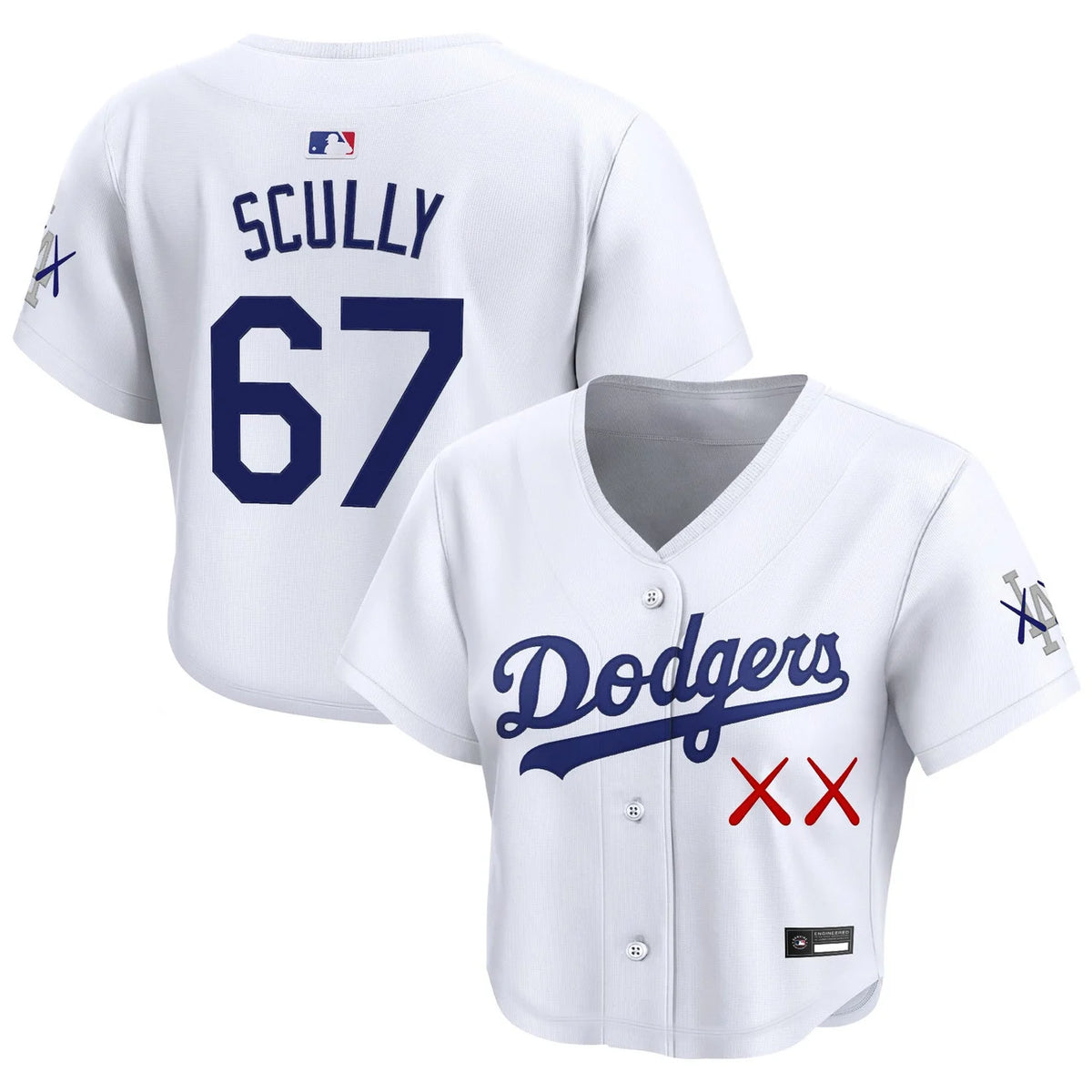 Women's Dodgers x KAWS Scully #67 white crop top baseball jersey
