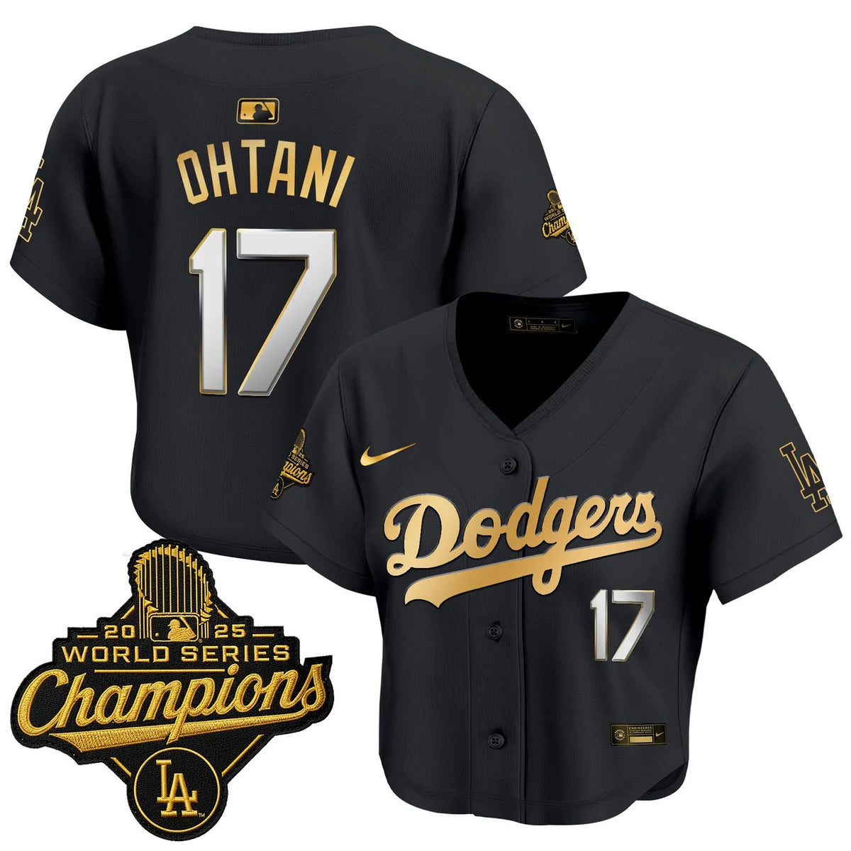 Women's Dodgers Ohtani #17 black and gold World Series crop top jersey