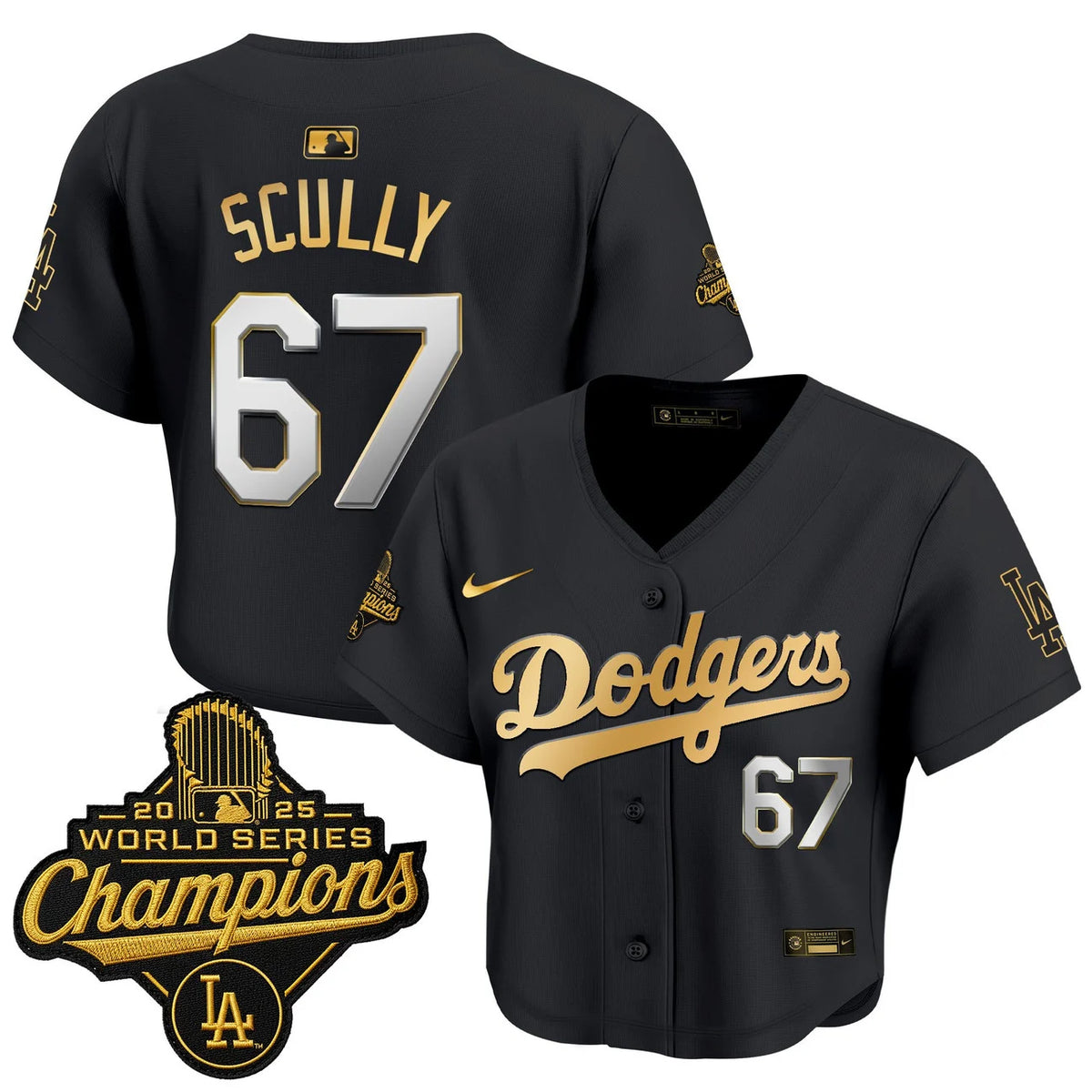 Women's Dodgers Scully #67 black and gold World Series crop top jersey