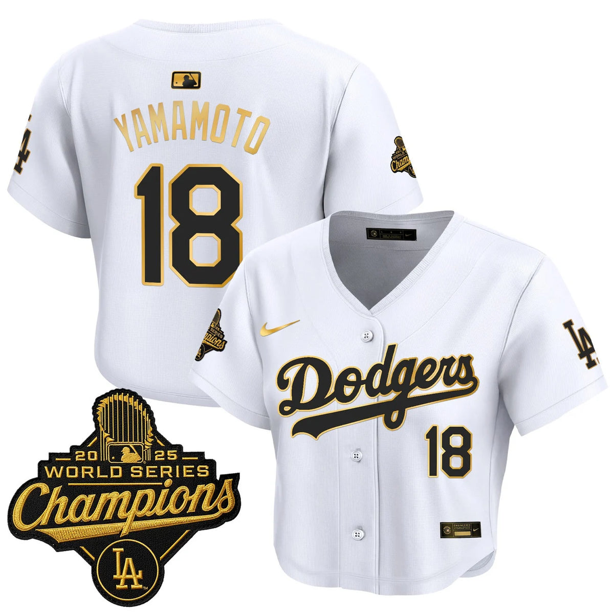 Women's Dodgers Yamamoto #18 white and gold World Series crop top jersey