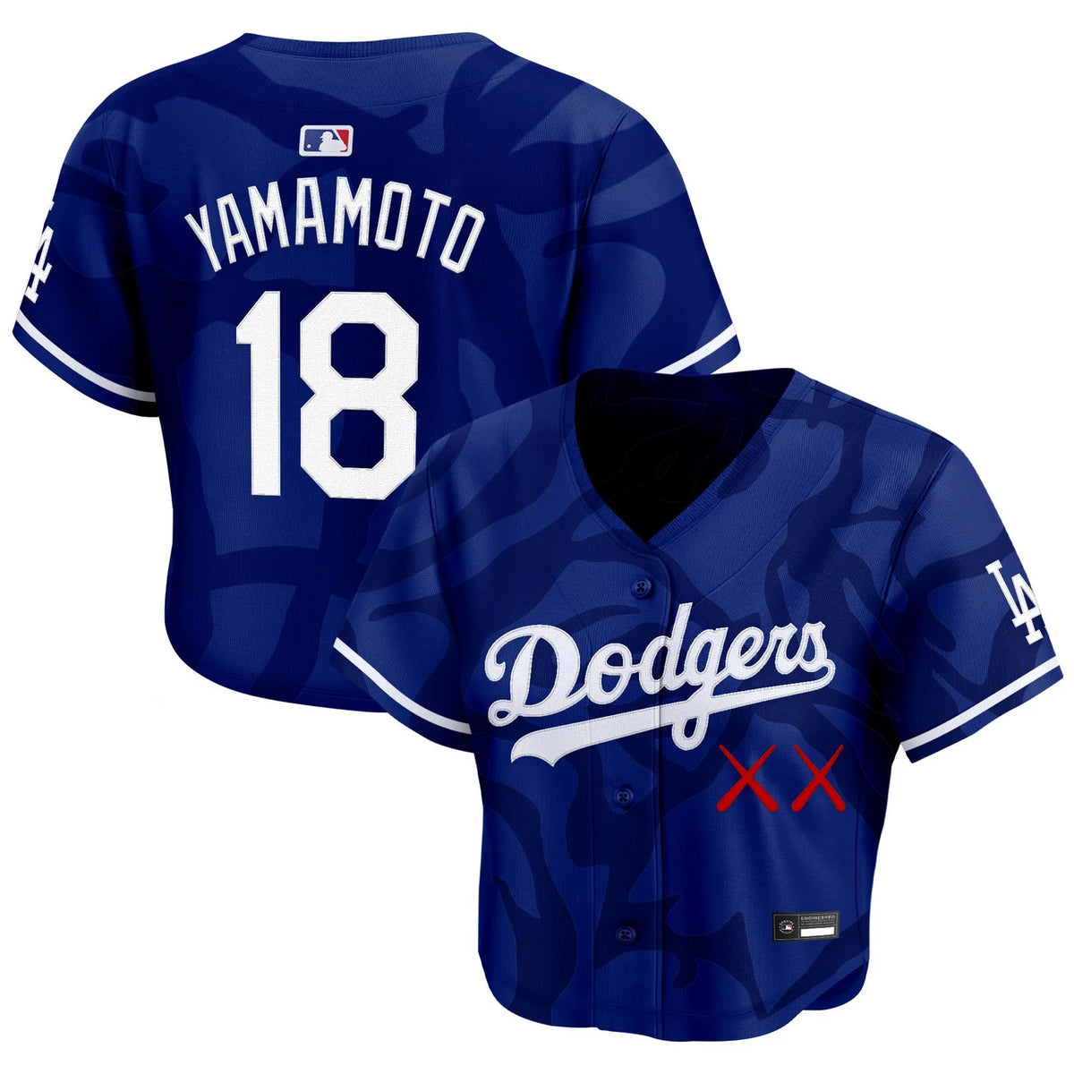 Women's Dodgers x KAWS Yamamoto #18 royal crop top baseball jersey