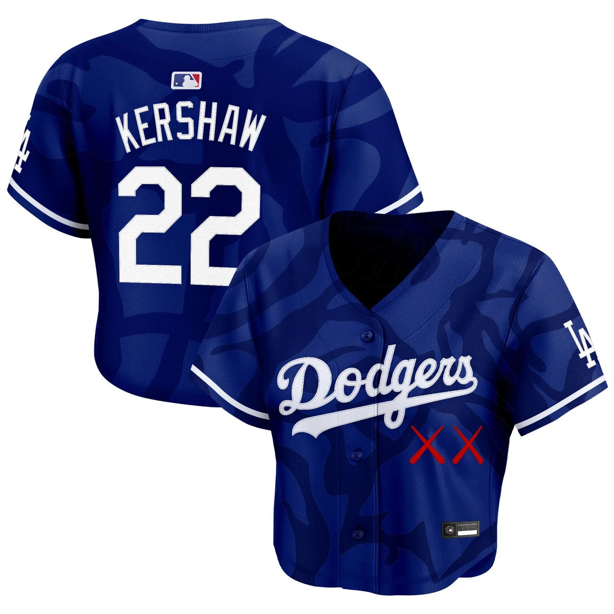Women's Dodgers x KAWS Kershaw #22 royal crop top baseball jersey