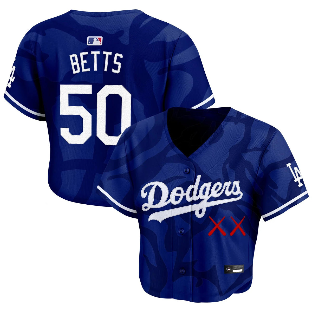 Women's Dodgers x KAWS Betts #50 royal crop top baseball jersey