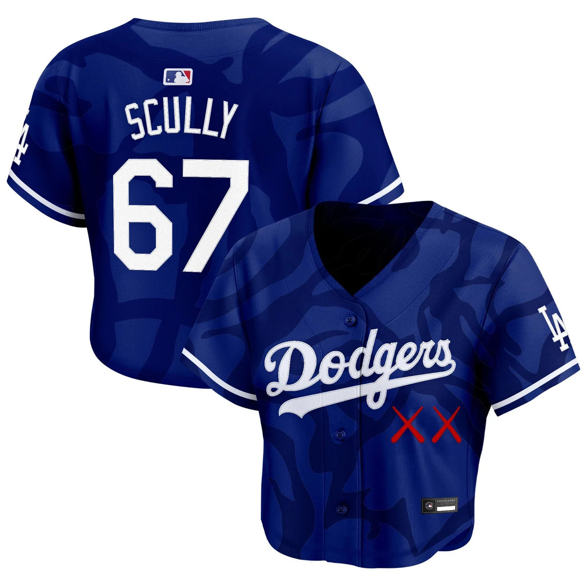 Women's Dodgers x KAWS Scully #67 royal crop top baseball jersey