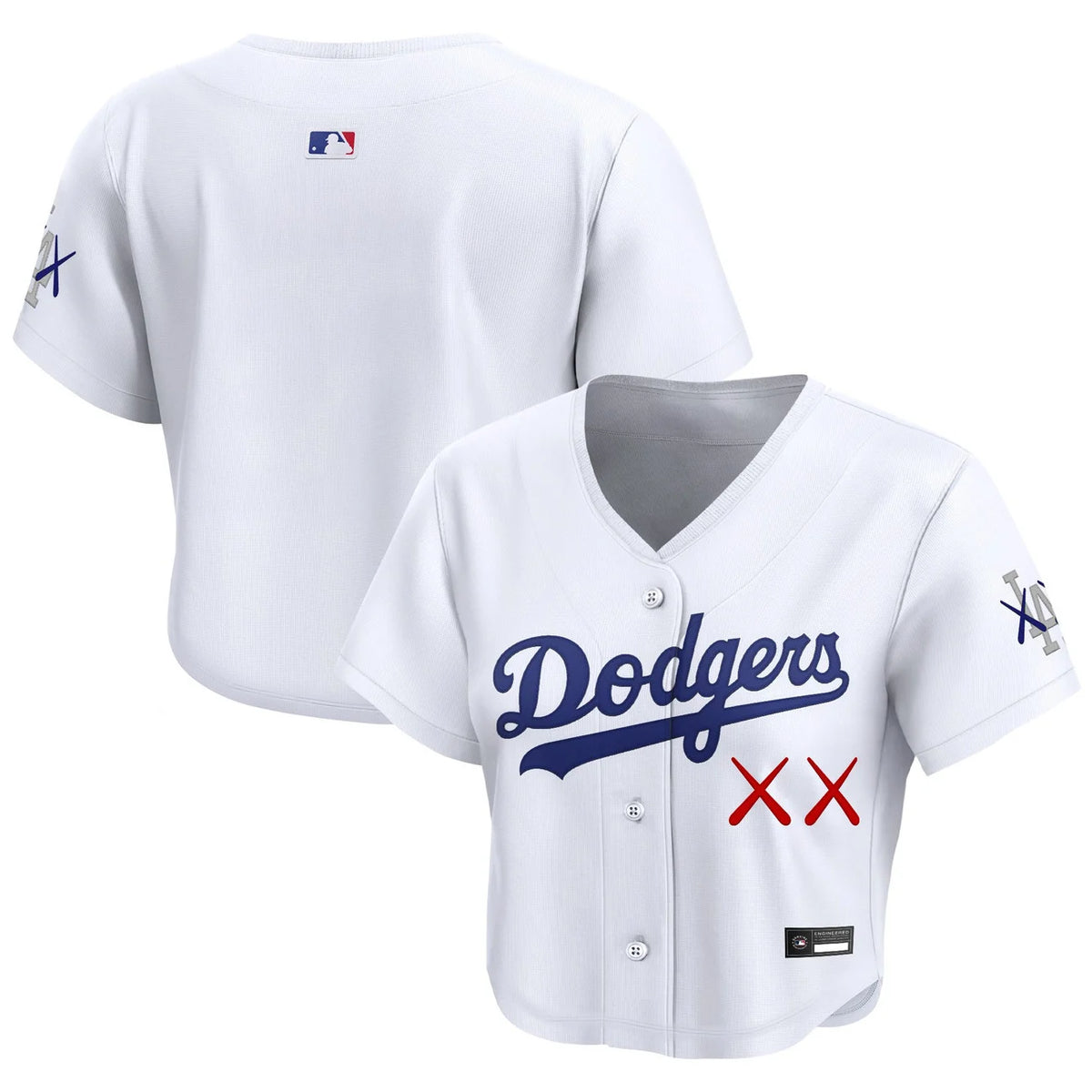 Women's Dodgers x KAWS white cropped baseball jersey
