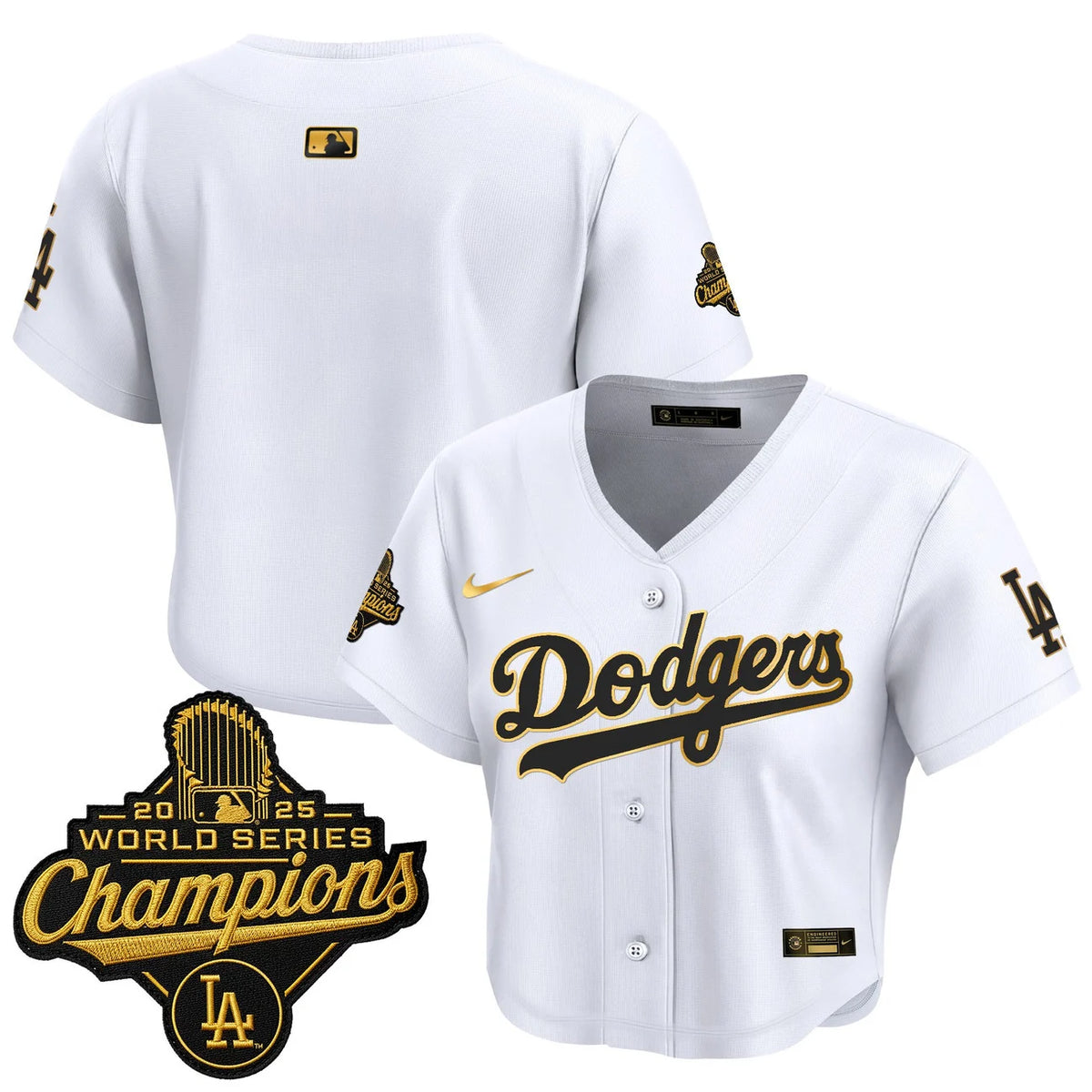 Women's Dodgers white and gold World Series Champions crop top baseball jersey